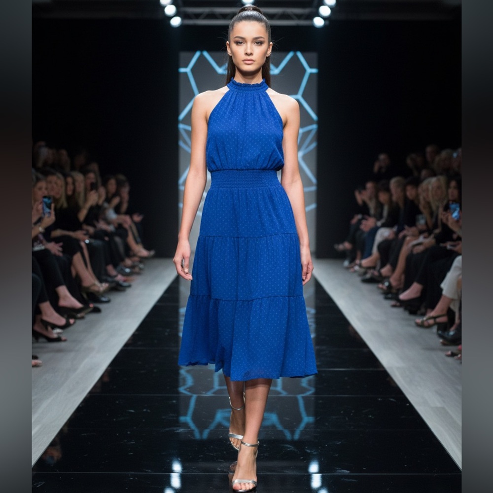 $185 Jade Melody Tam Swiss Dot Halter Midi Dress in Royal Blue ,M